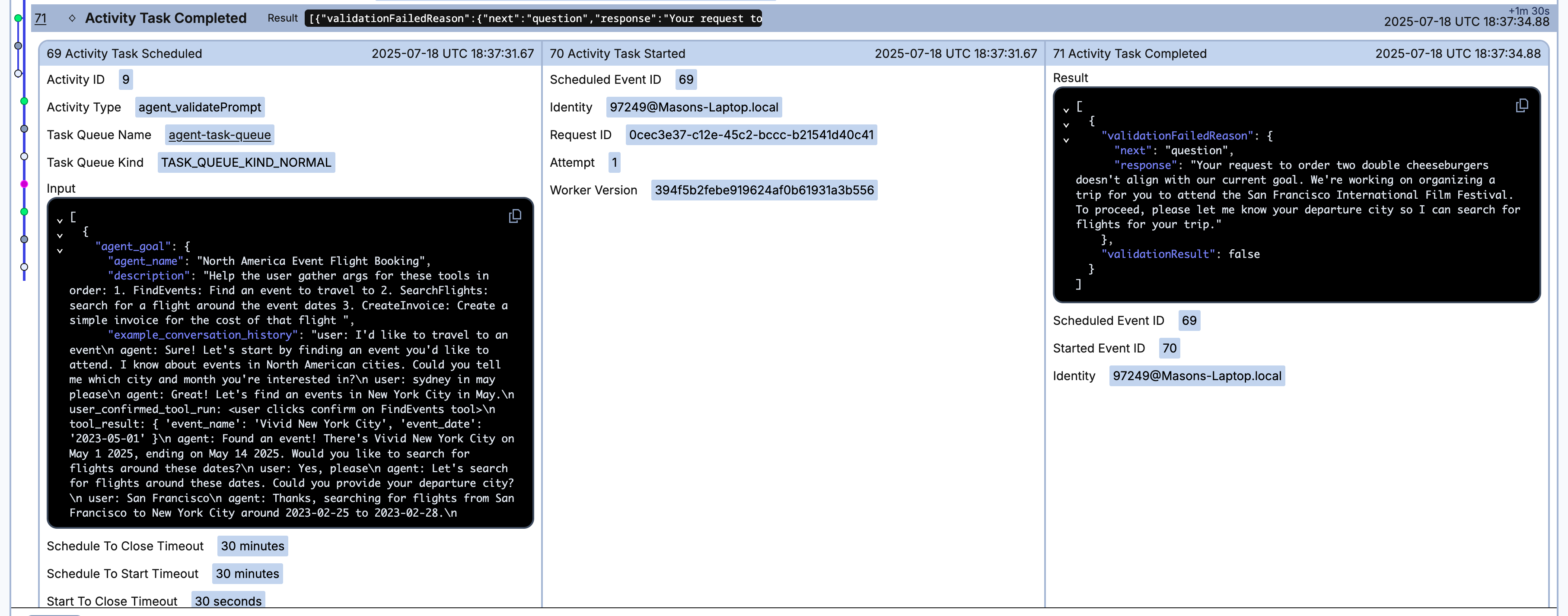 Screenshot of the Event History list section in the Temporal Web UI with an Activity expanded so the results can be seen